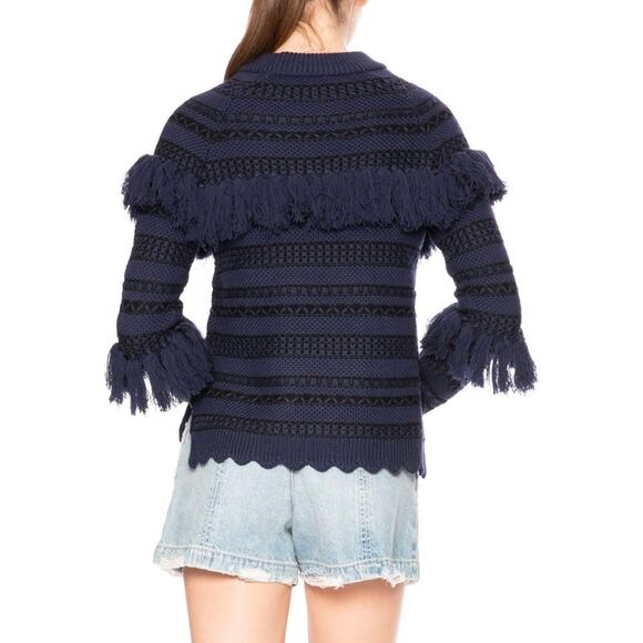 Jonathan Simkhai Tassel Fringe Knit Wool Sweater Black Blue Stripe - Picture 9 of 12
